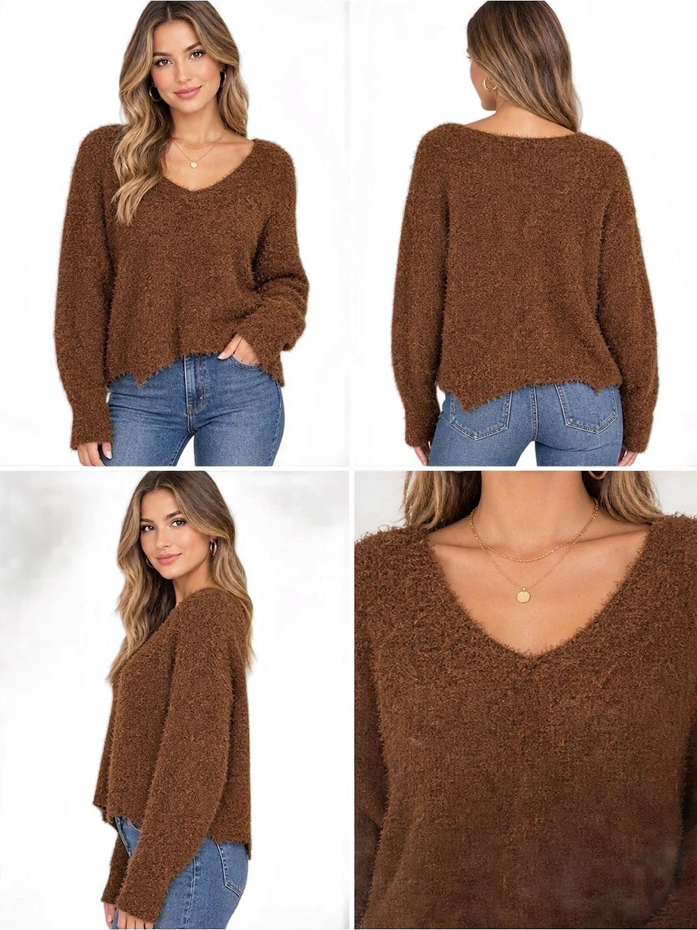 Free People Icing Pullover Mocha Java Fuzzy Eyelash Knit V-Neck Sweater S
